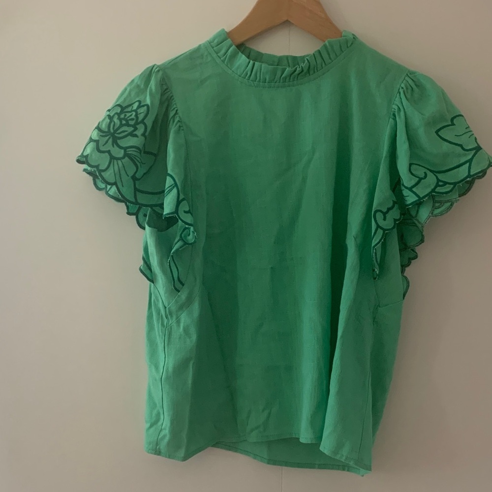 ODDY Green Embroidered Ruffle Sleeve Blouse size S